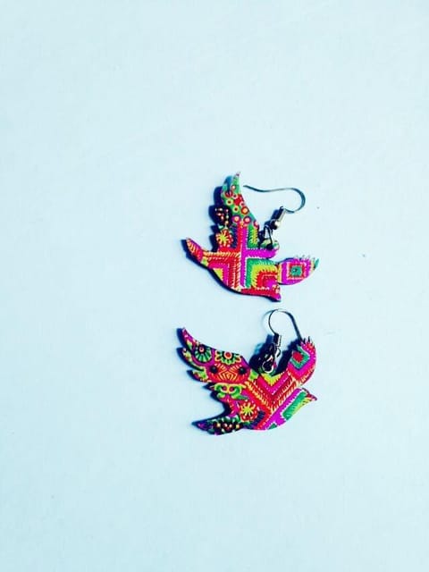 Artwork Wooden Earrings - Phulkari Birds
