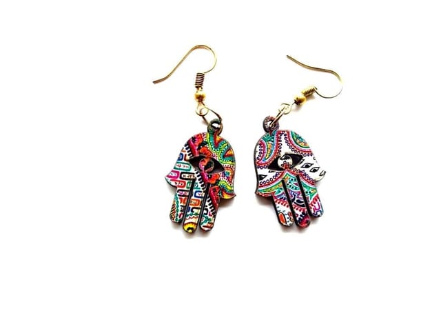 [SOLD] Artwork Wooden Earrings - Hamsa Earrings in The Story of Waves Artwork