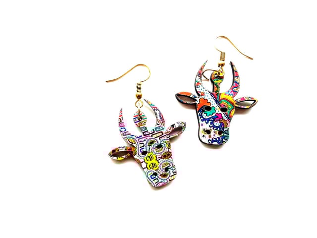 Artwork Wooden Earrings - Quirky bull earrings in The Story of Waves Artwork