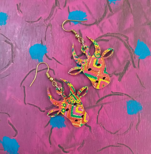 Artwork Wooden Earrings - Bull Phulkari Artwork
