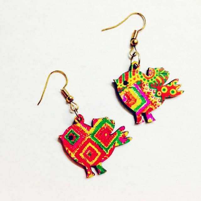 Artwork Wooden Earrings - Sitting Birds- Khyati's Phulkari
