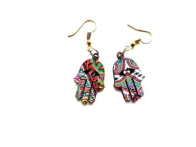 [SOLD] Artwork Wooden Earrings - Hamsa Earrings in The Story of Waves Artwork