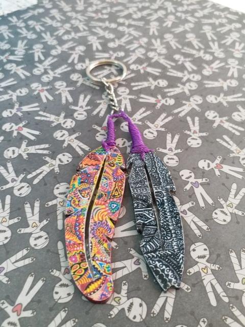 COLORFUL ARTWORK WOODEN KEY CHAIN- FEATHER SHAPED-4