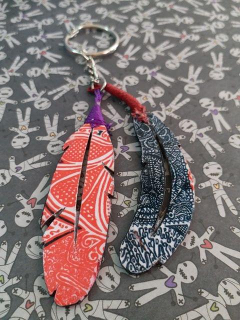 COLORFUL ARTWORK WOODEN KEY CHAIN- FEATHER SHAPED-6