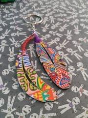 COLORFUL ARTWORK WOODEN KEY CHAIN- FEATHER SHAPED-6