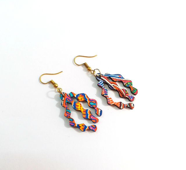 ARTWORK WOODEN EARRINGS -BRIGHT BLUE ZIG ZAG SHAPED