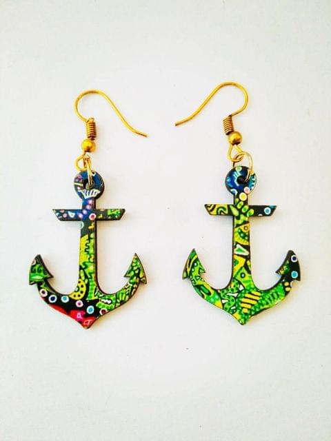 ELECTRIC GREEN ANCHOR WOODEN EARRINGS