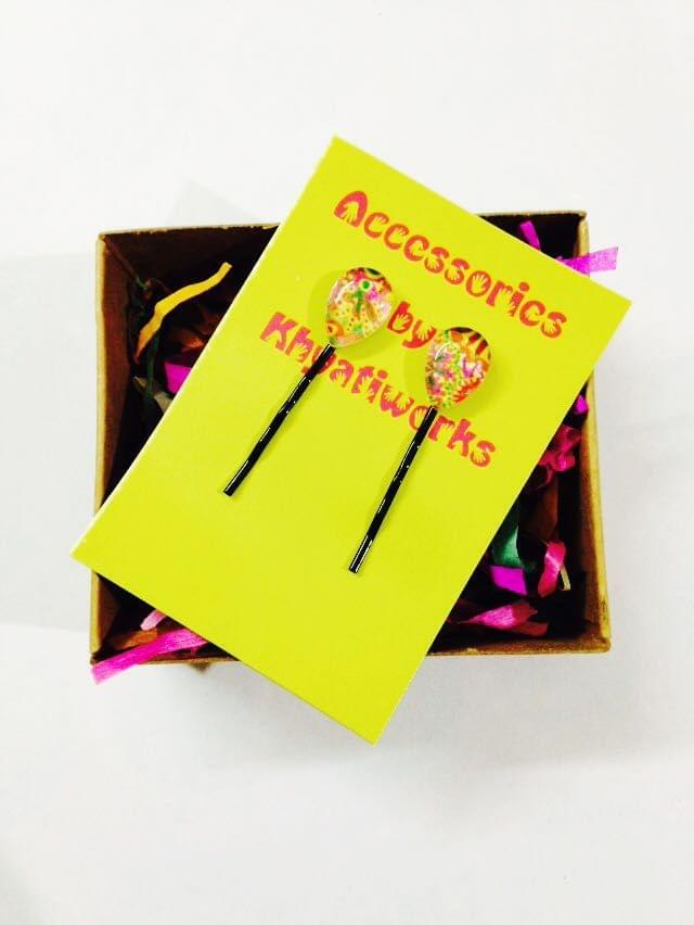 bright red yellow drops hair pin